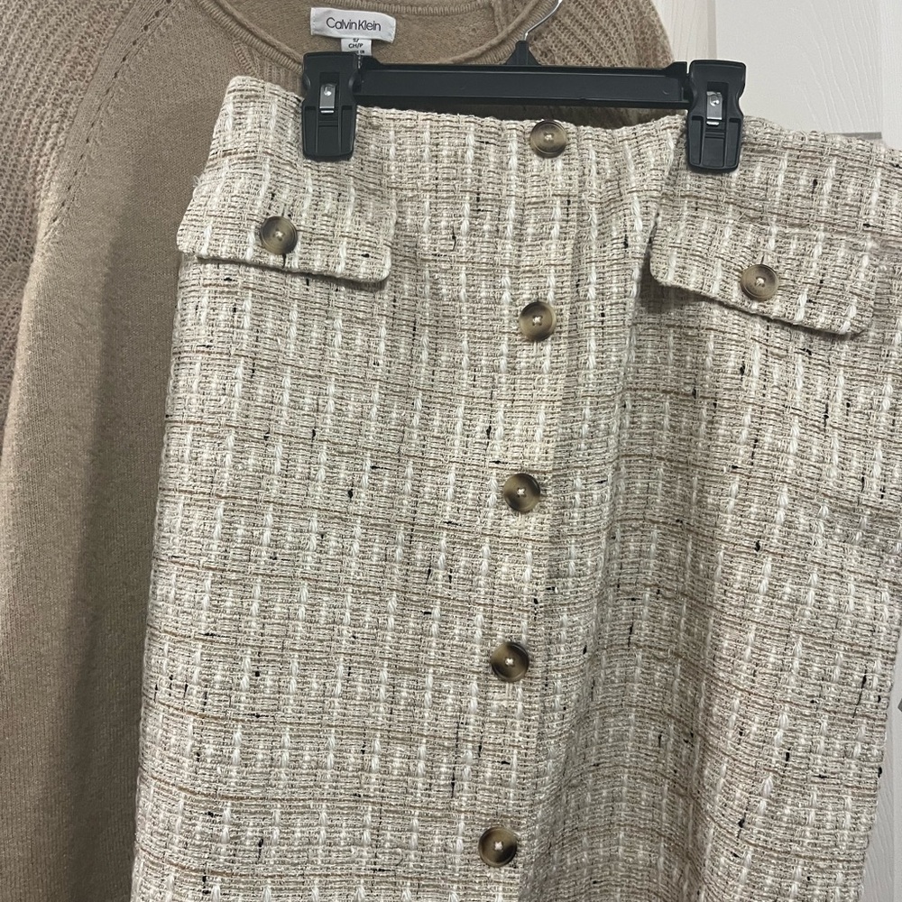 Calvin Klein Cream Tweed Pencil Skirt & Sweater Set